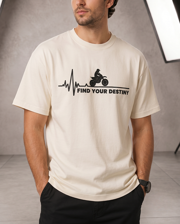 Find Your Destiny Embroidered Motorcycle T-Shirt | Premium Off-White Oversized Tee by Teemitra