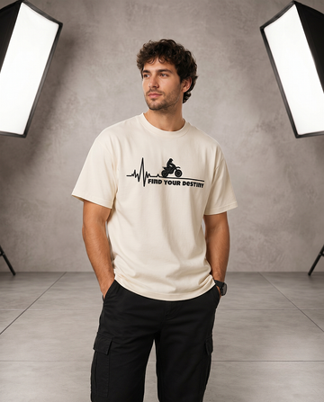 Find Your Destiny Embroidered Motorcycle T-Shirt | Premium Off-White Oversized Tee by Teemitra