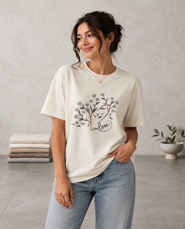 Cute Floral Love Graphic Tee for Women Oversized Off White T-Shirt - Teemitra