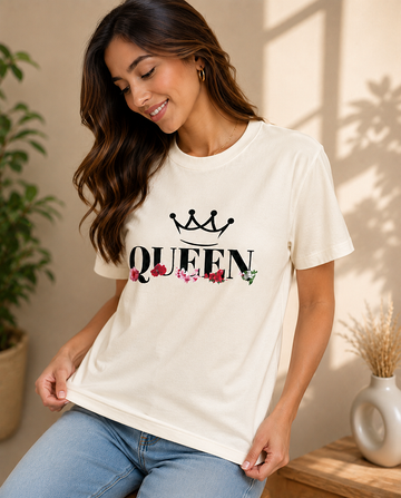 Elegant Queen Print Women's T-Shirt, Floral Graphic Casual Wear by - Teemitra