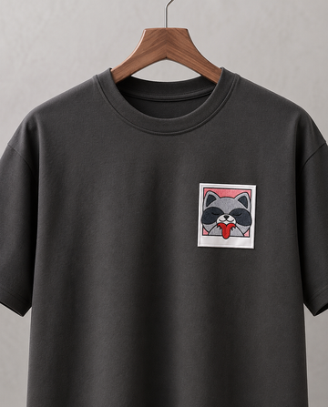 Cute Raccoon Embroidered Patch Black Oversized T-Shirt for Women by Teemitra
