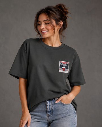 Cute Raccoon Embroidered Patch Black Oversized T-Shirt for Women by Teemitra